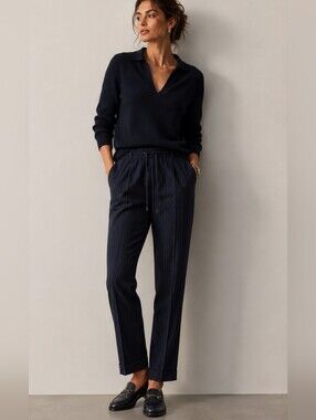 Kal Rieman Navy Pinstripe Wool Trouser Drawstring Cuffed Women Medium Made USA